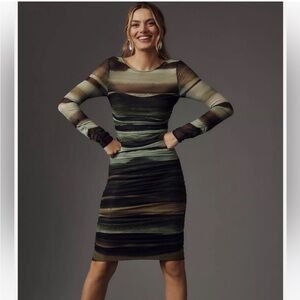 Anthropologie green, brown and Black Ruched Midi Dress
